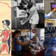 a series of images showing people getting coffee from urns, machines, and diner waitresses